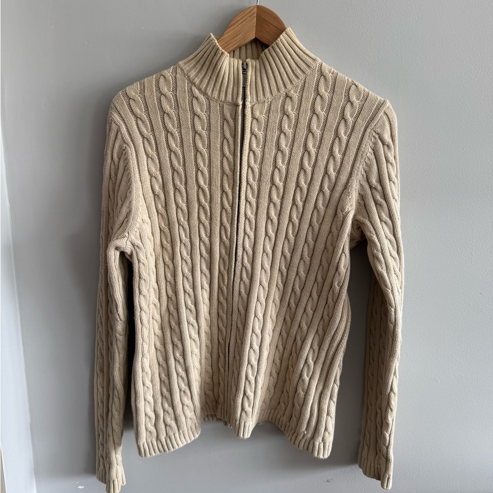 L.L.Bean 100% Cotton Cable Knit Full Zip Sweater Mock Neck Tan XL